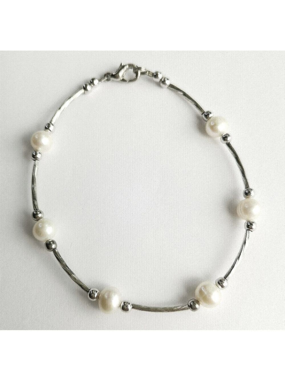 9 Inches White Pearl Bracelet / Anklet Sterling Silver